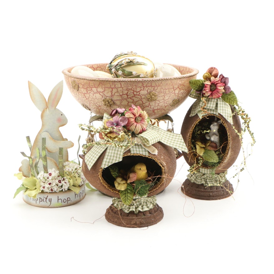 Easter Décor Including Compote Centerpiece with Bunny and Chick Dioramas