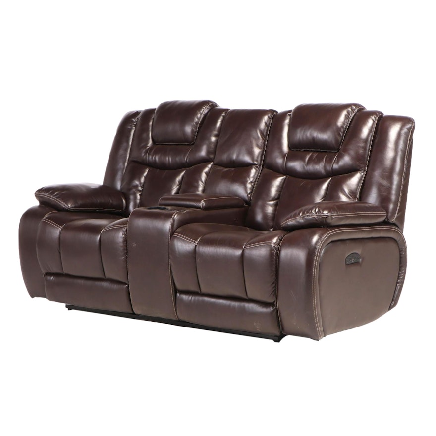 Faux Leather Recliner Sofa with Console, 21st Century