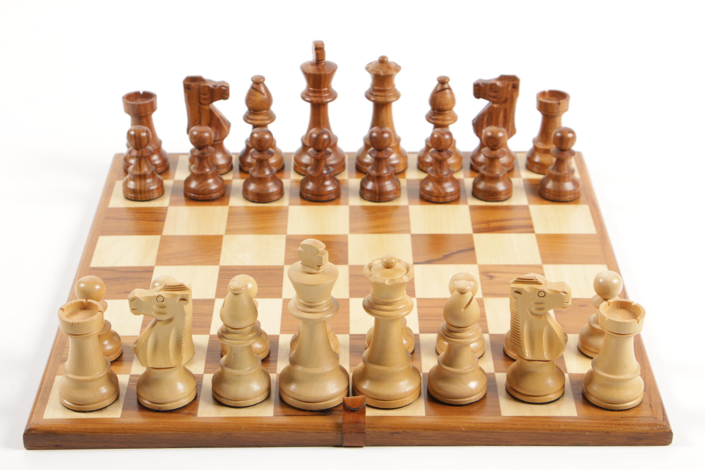 Carved Wooden Chess Set with Leather Storage Carrying Case