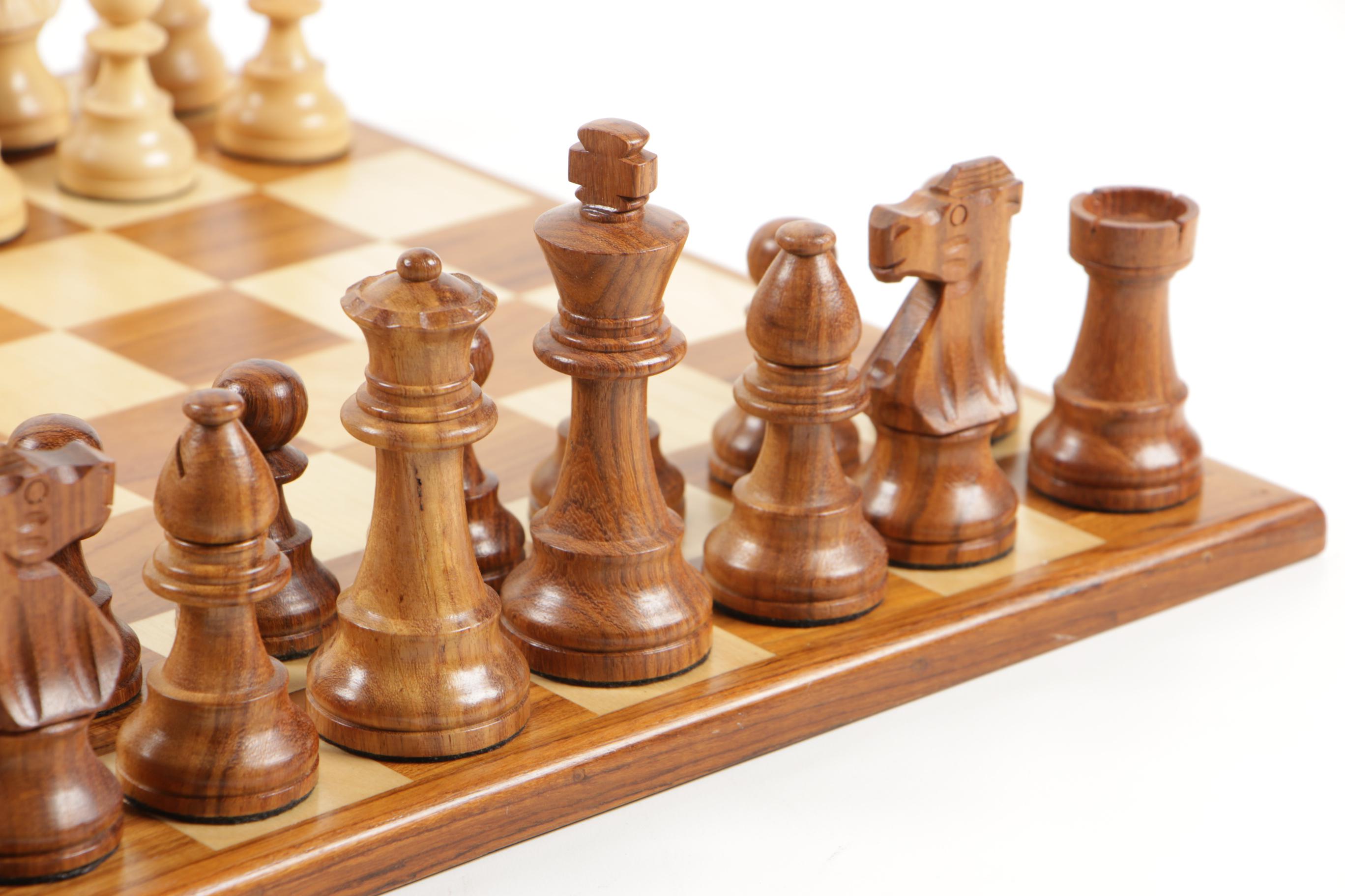 Carved Wooden Chess Set with Leather Storage Carrying Case