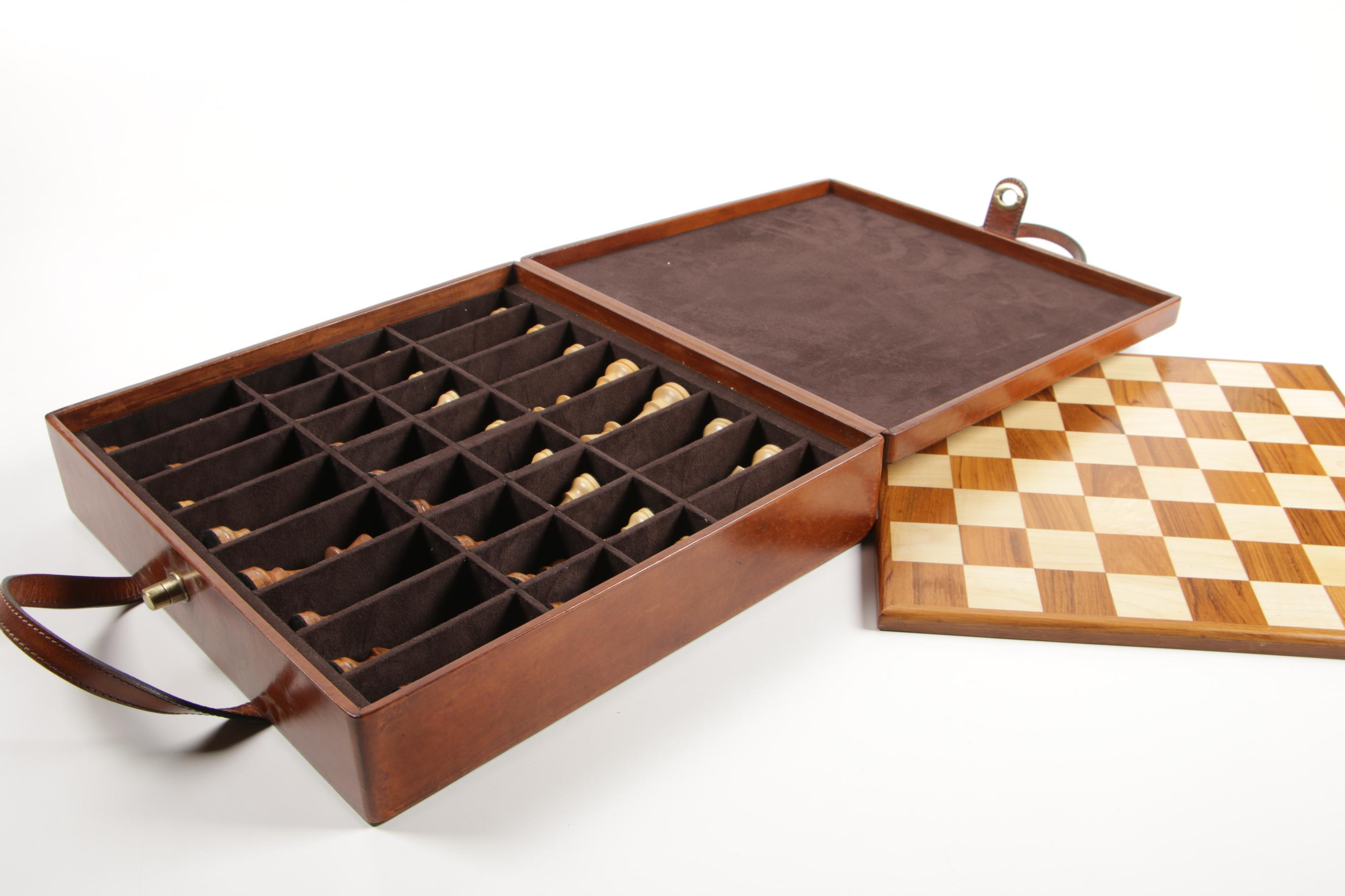 Carved Wooden Chess Set with Leather Storage Carrying Case