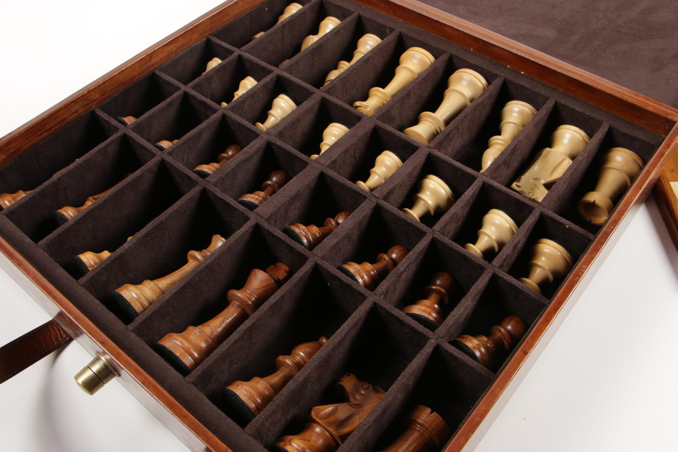 Carved Wooden Chess Set with Leather Storage Carrying Case