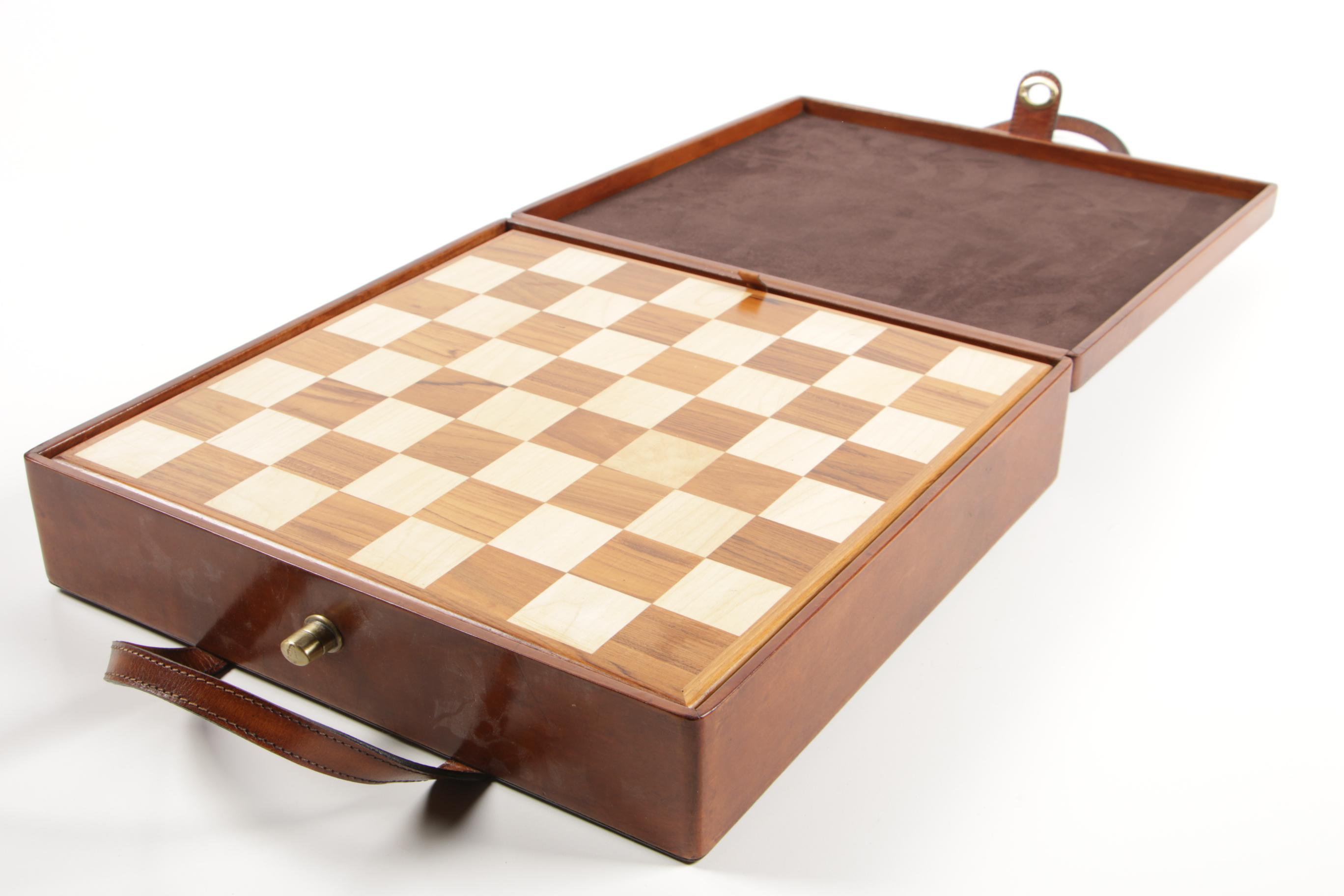 Carved Wooden Chess Set with Leather Storage Carrying Case