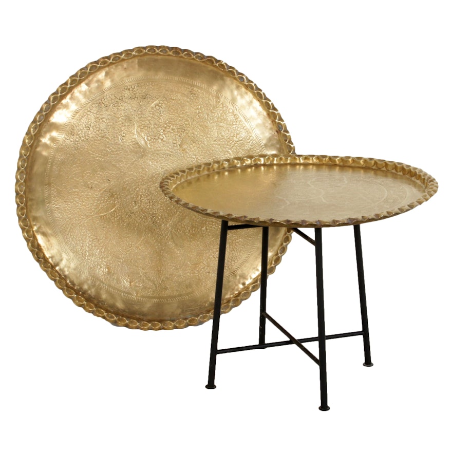 Hand-Chased Decorative Middle Eastern Brass Top Tray Table