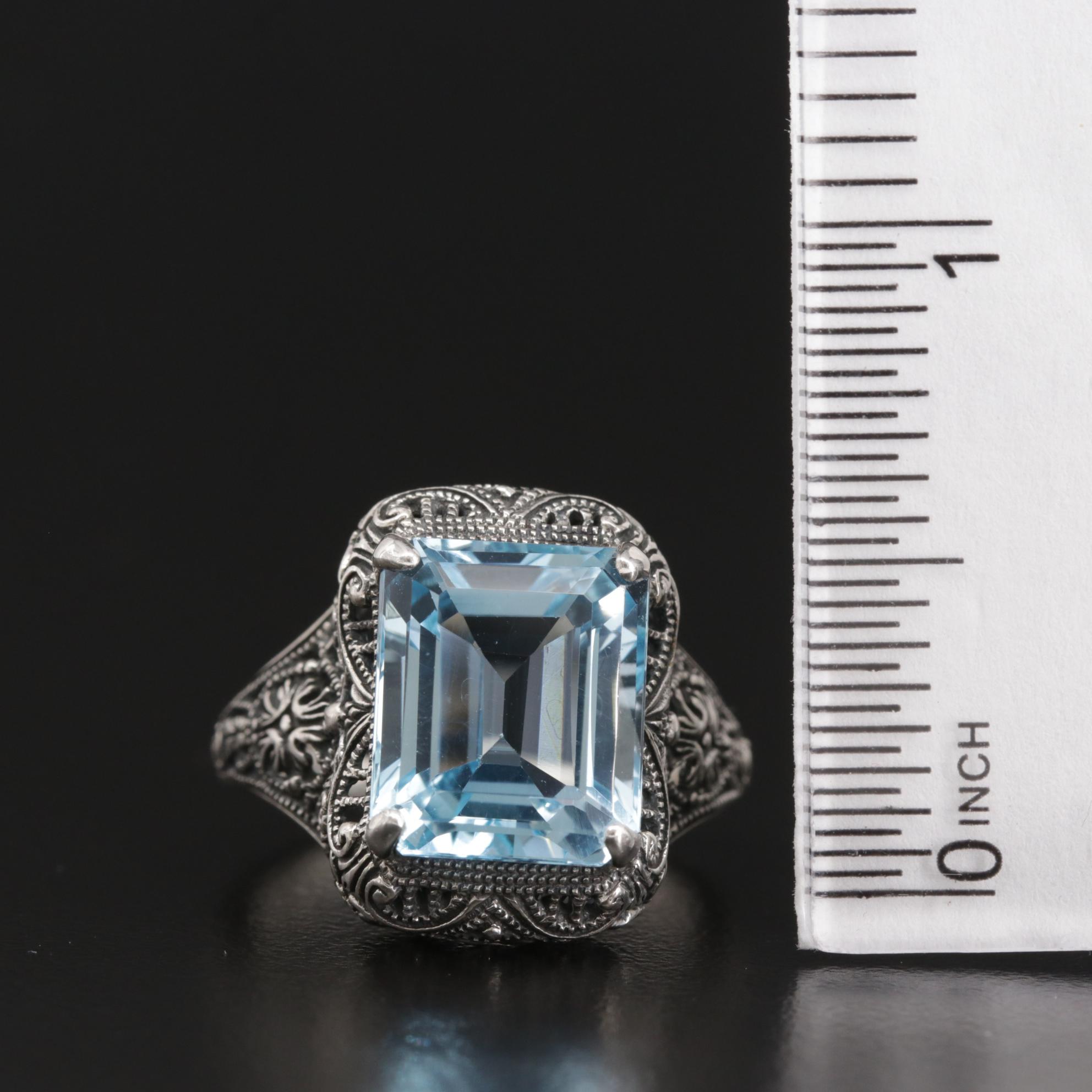 Sterling Silver BlueTopaz Openwork Ring with Milgrain Detail