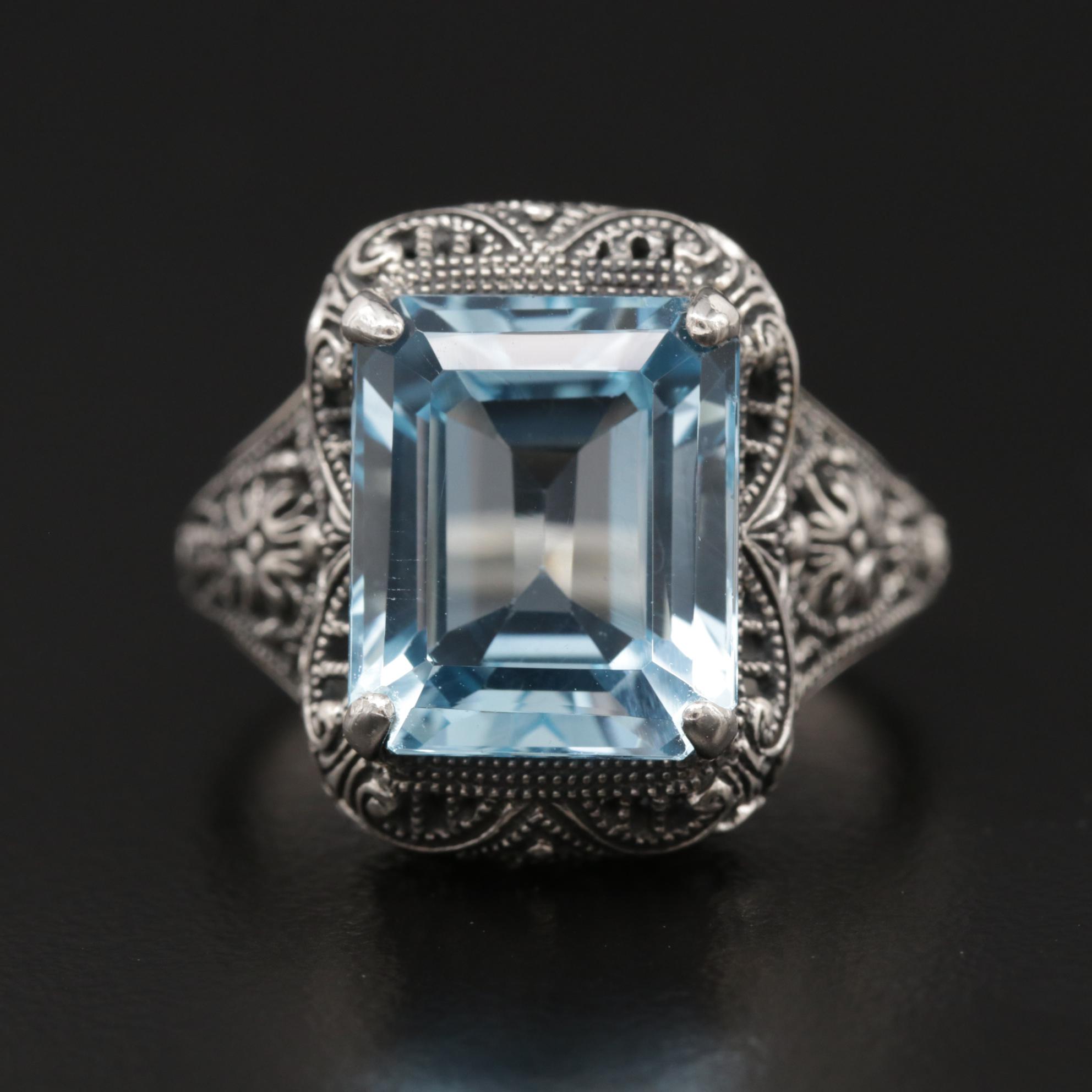 Sterling Silver BlueTopaz Openwork Ring with Milgrain Detail
