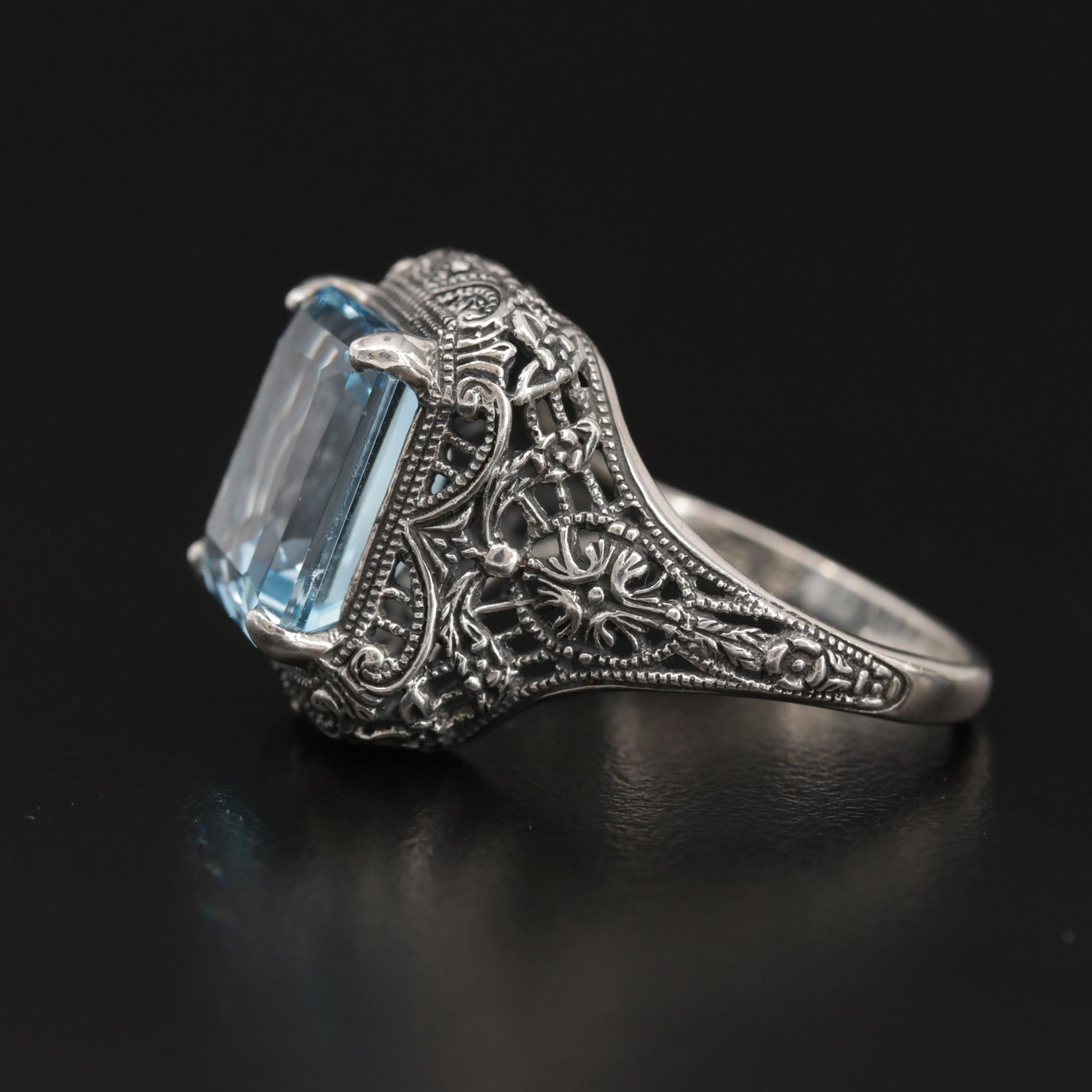 Sterling Silver BlueTopaz Openwork Ring with Milgrain Detail
