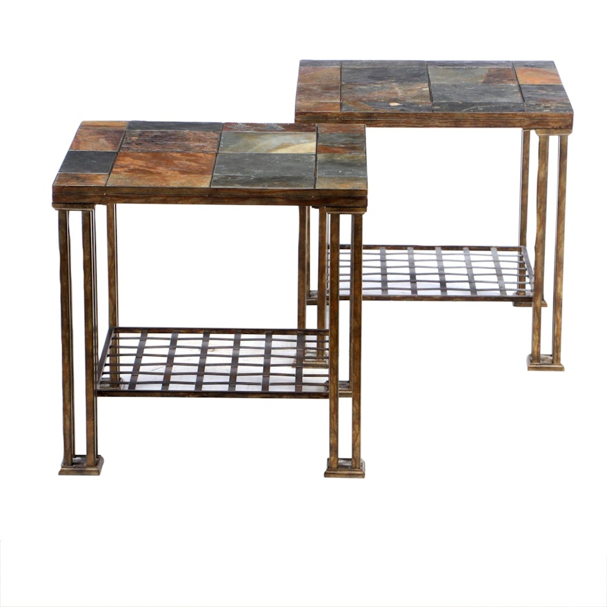 Pair of Loose-Tiled Slate and Metal End Tables, Late 20th Century