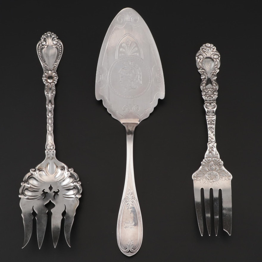 Gorham and Alvin Sterling Silver Serving Forks With Silver Plate Server