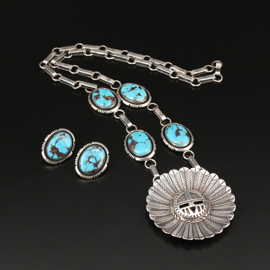 Will Denetdale Navajo Diné Sterling Silver Turquoise Necklace and Earrings