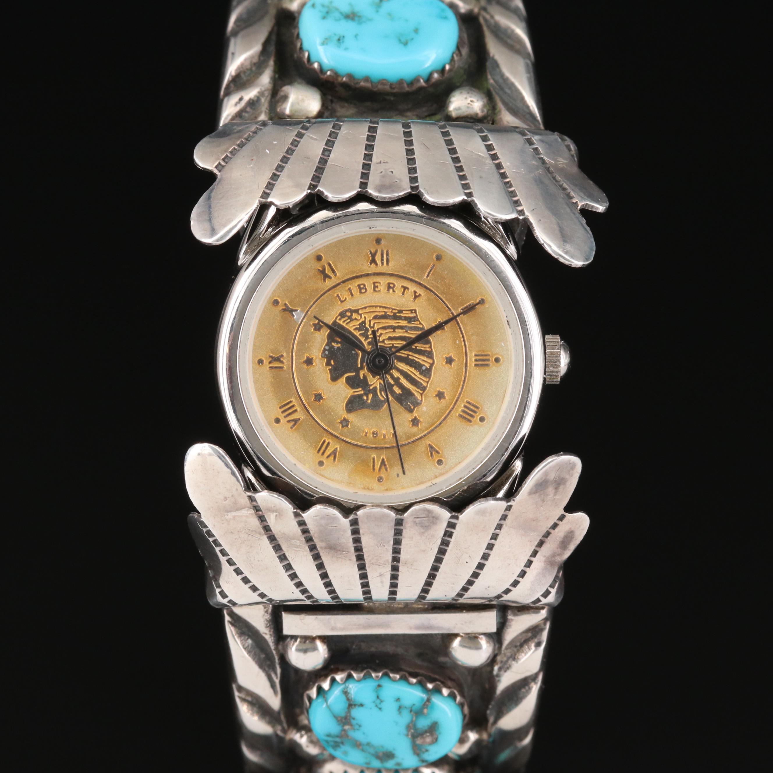 Quartz Watch With Navajo Sterling Silver and Turquoise Cuff Bracelet