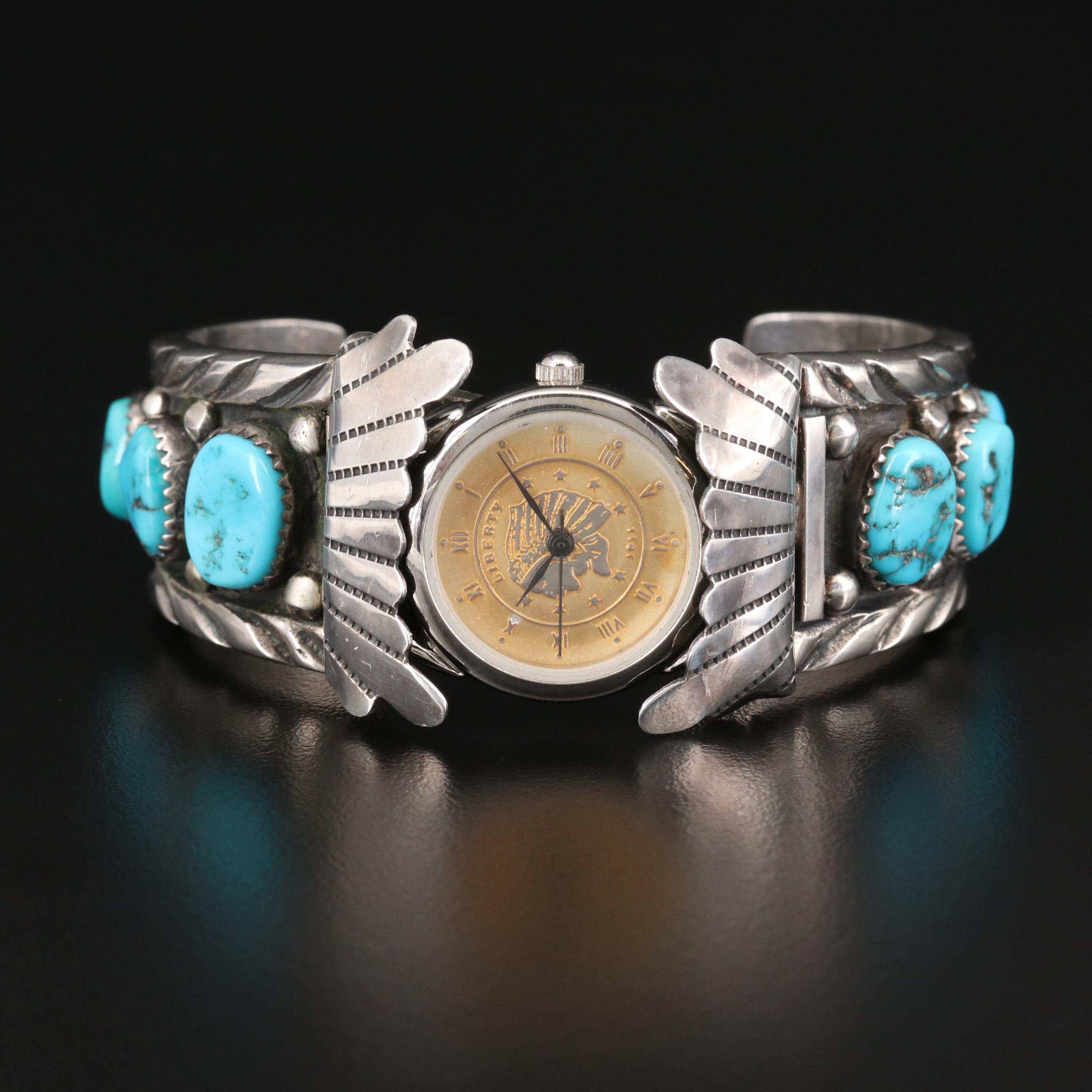 Quartz Watch With Navajo Sterling Silver and Turquoise Cuff Bracelet