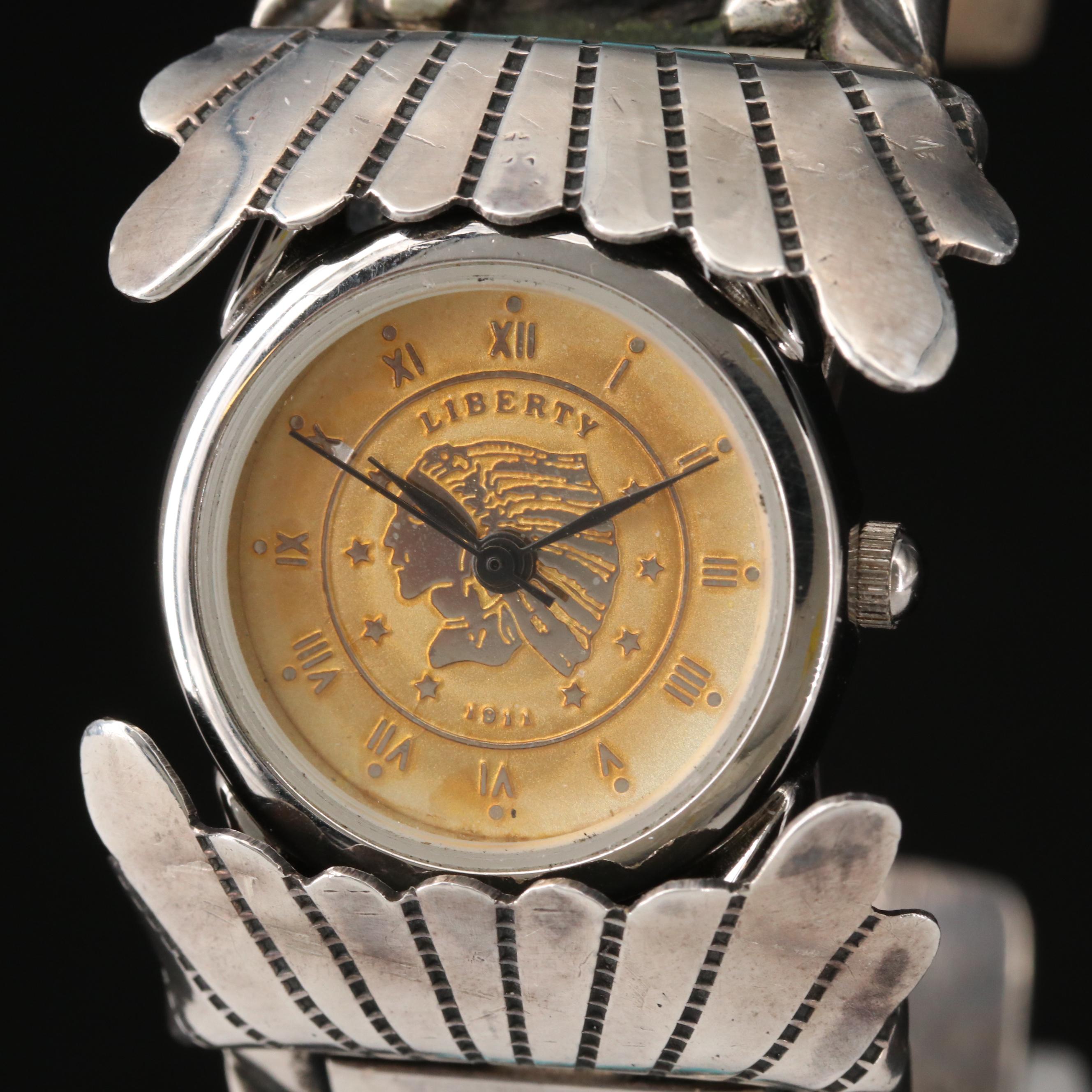 Quartz Watch With Navajo Sterling Silver and Turquoise Cuff Bracelet