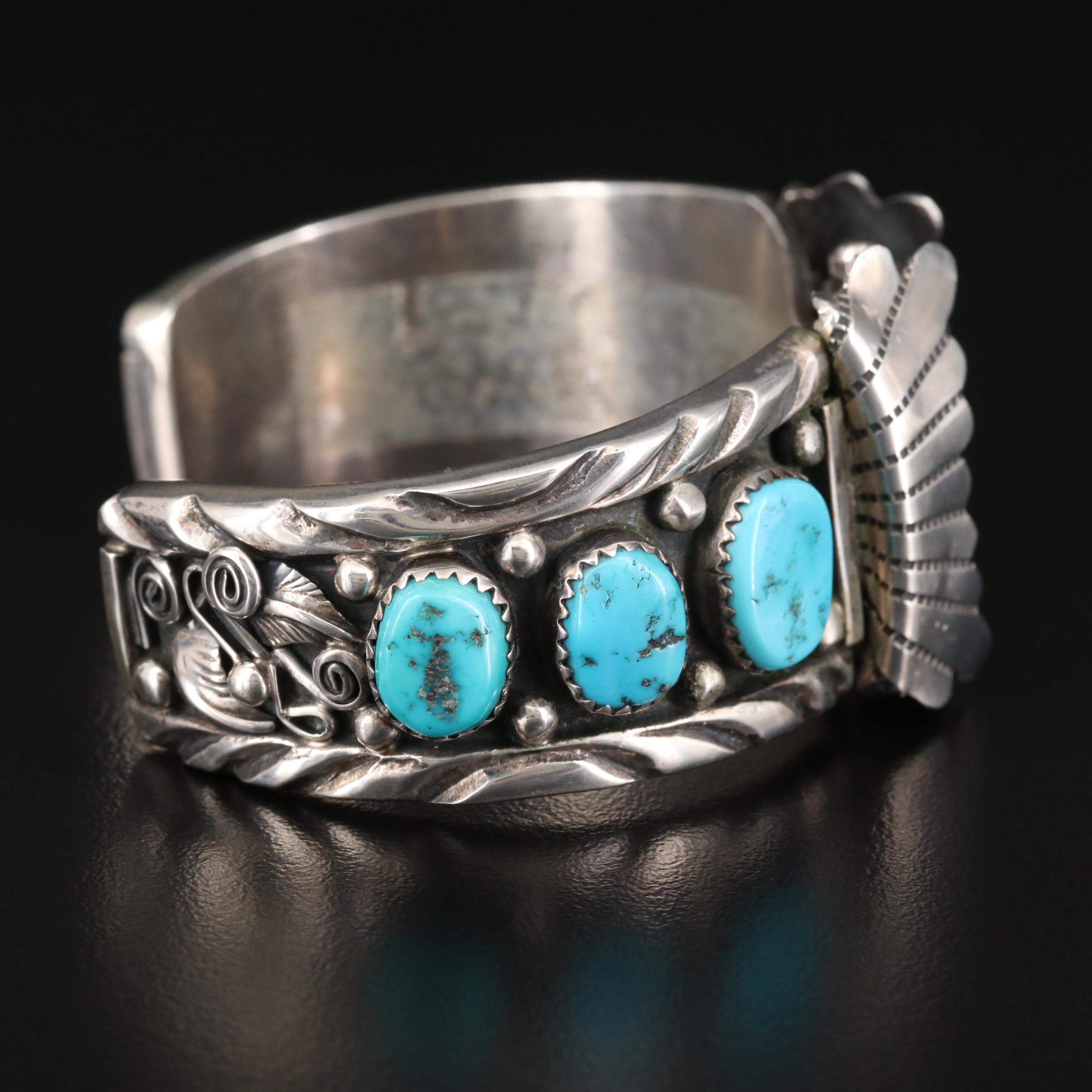 Quartz Watch With Navajo Sterling Silver and Turquoise Cuff Bracelet