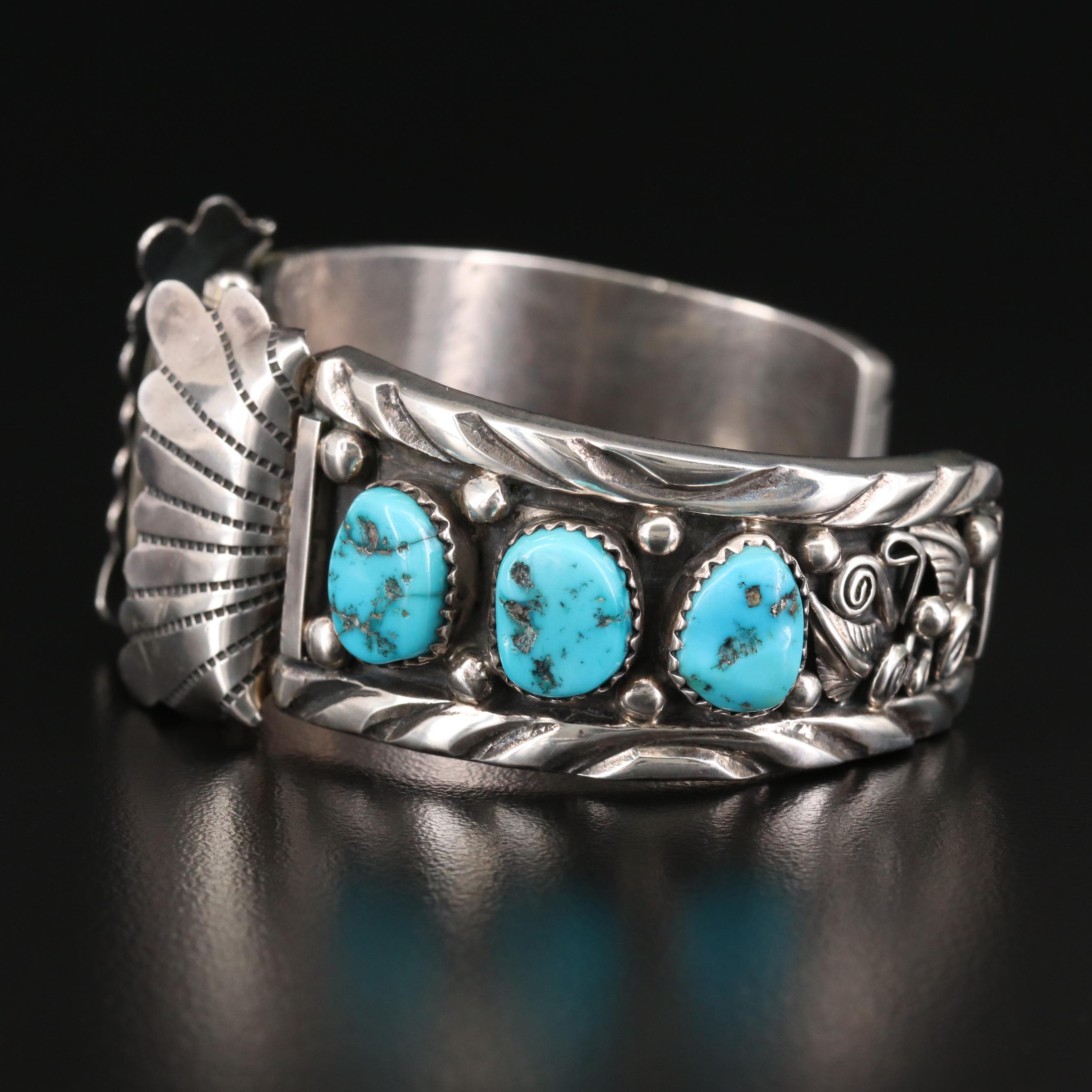 Quartz Watch With Navajo Sterling Silver and Turquoise Cuff Bracelet