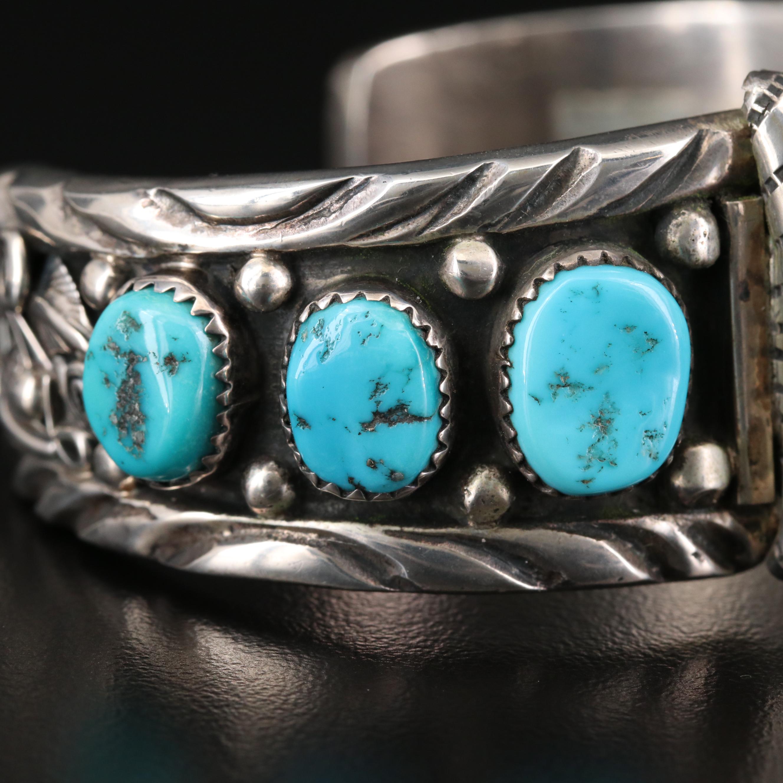Quartz Watch With Navajo Sterling Silver and Turquoise Cuff Bracelet