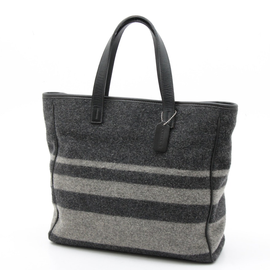 Coach Grey Wool Tote Bag with Black Leather Trim