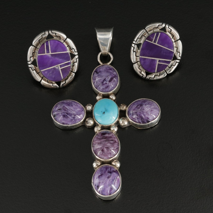 Tina Benally Navajo Sterling Silver Turquoise, Charoite and Sugilite Jewelry