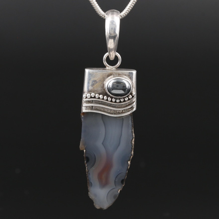 Sterling Silver Agate and Hematite Pendant Necklace