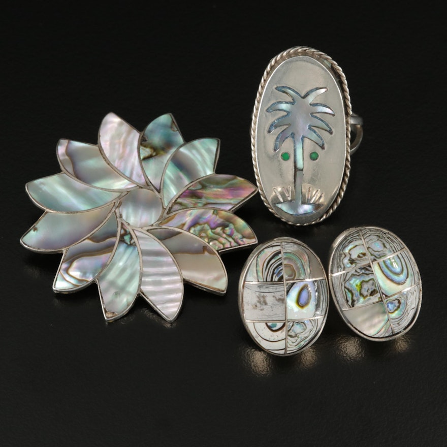 Mexican Sterling Silver Abalone and Glass Earrings, Pendant and Ring