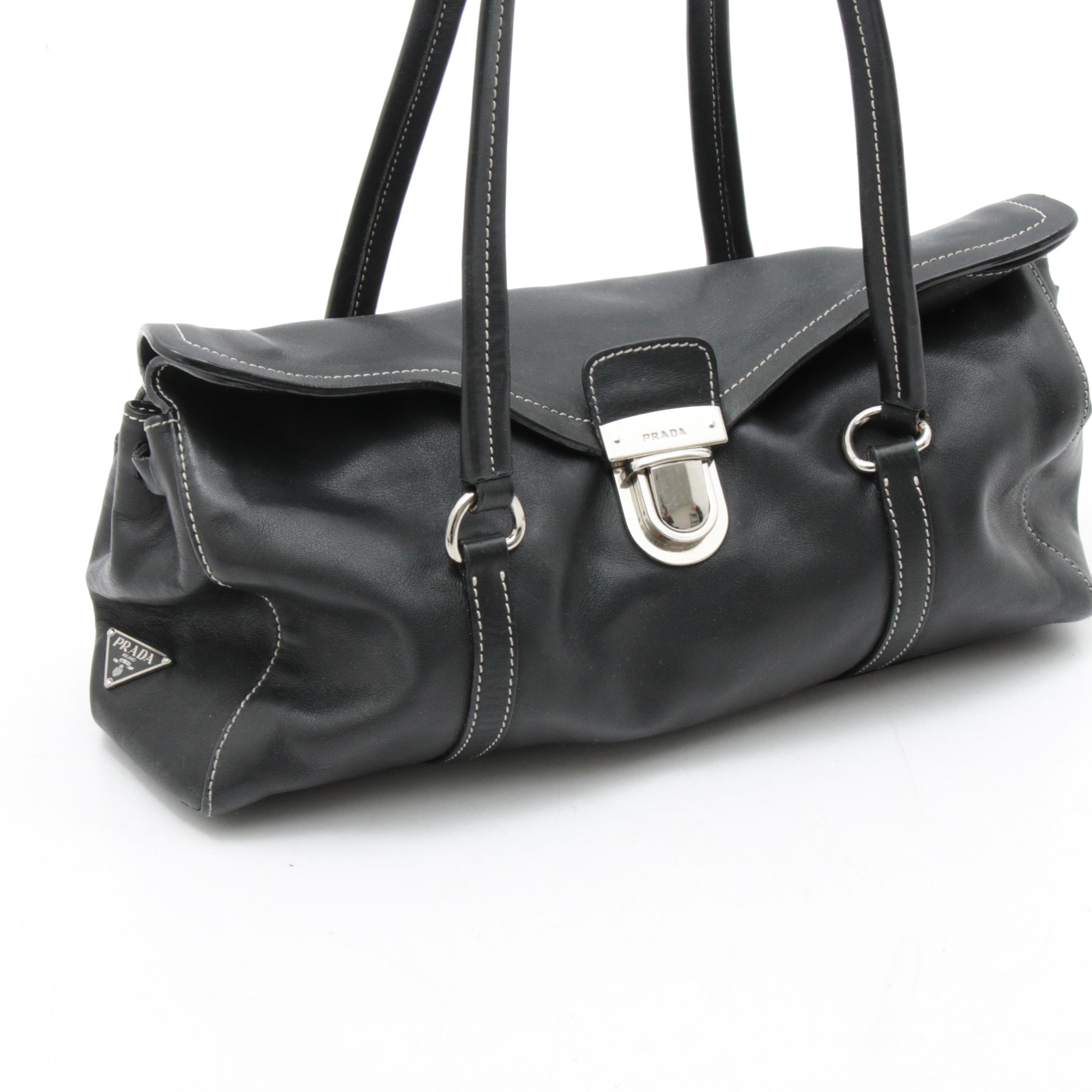 Prada Black Leather Top Handle Satchel with Contrast Stitching