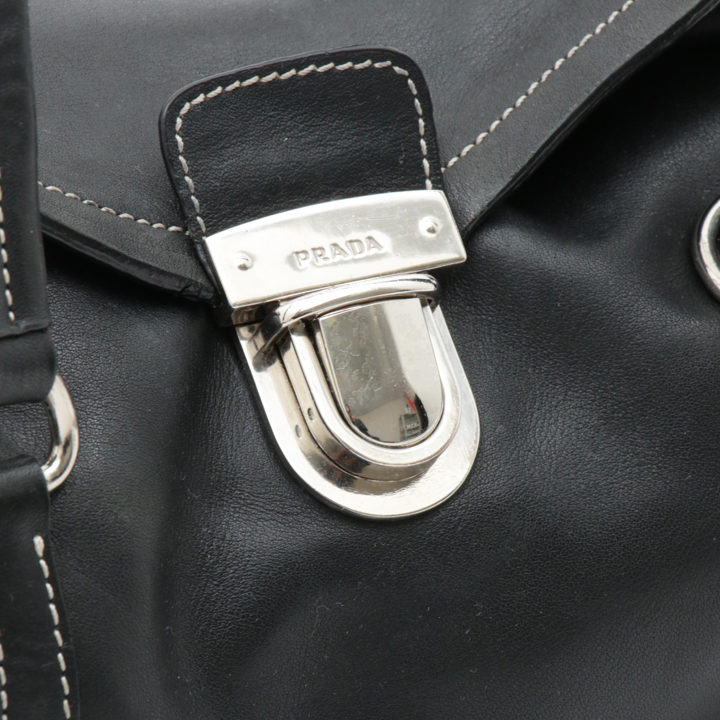 Prada Black Leather Top Handle Satchel with Contrast Stitching