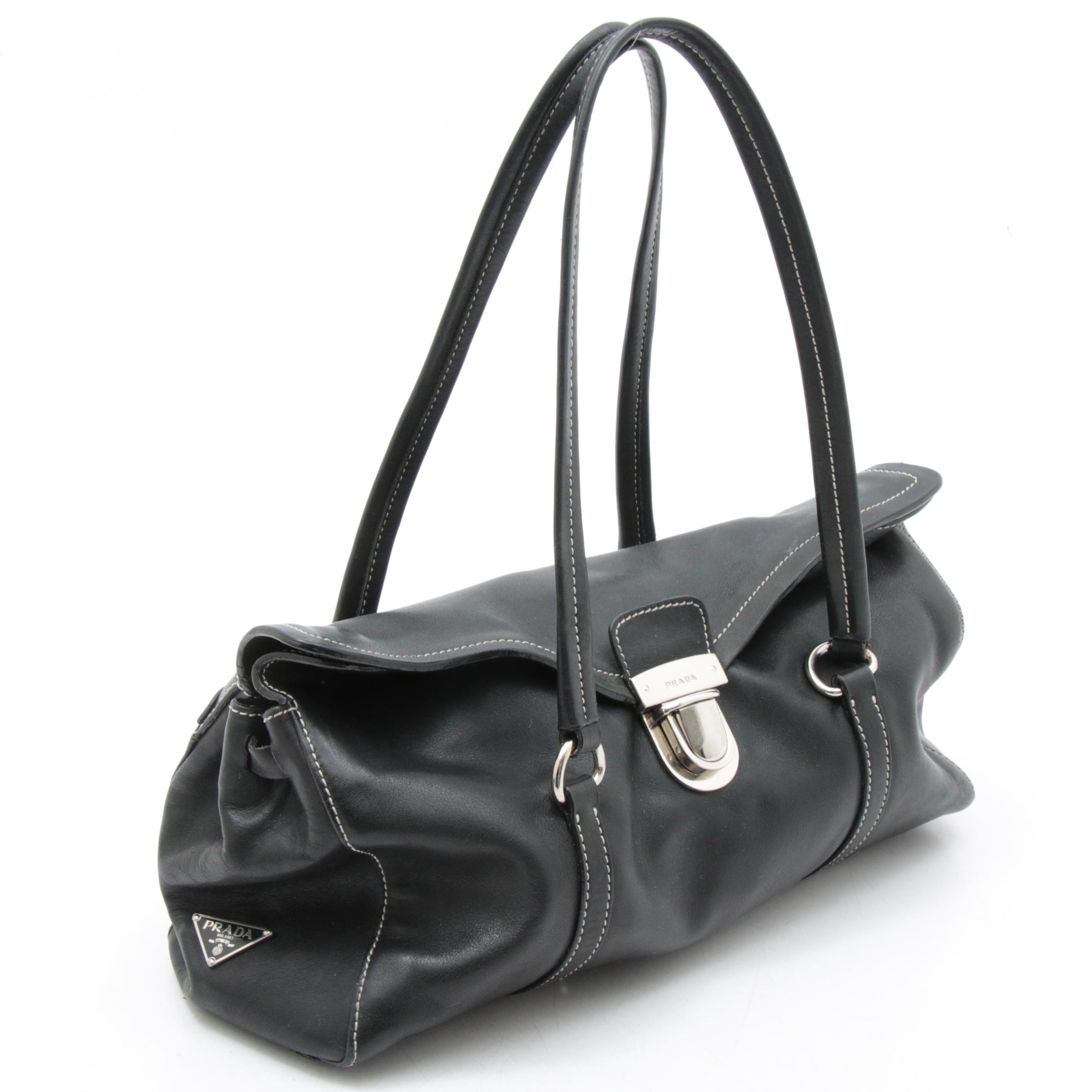 Prada Black Leather Top Handle Satchel with Contrast Stitching