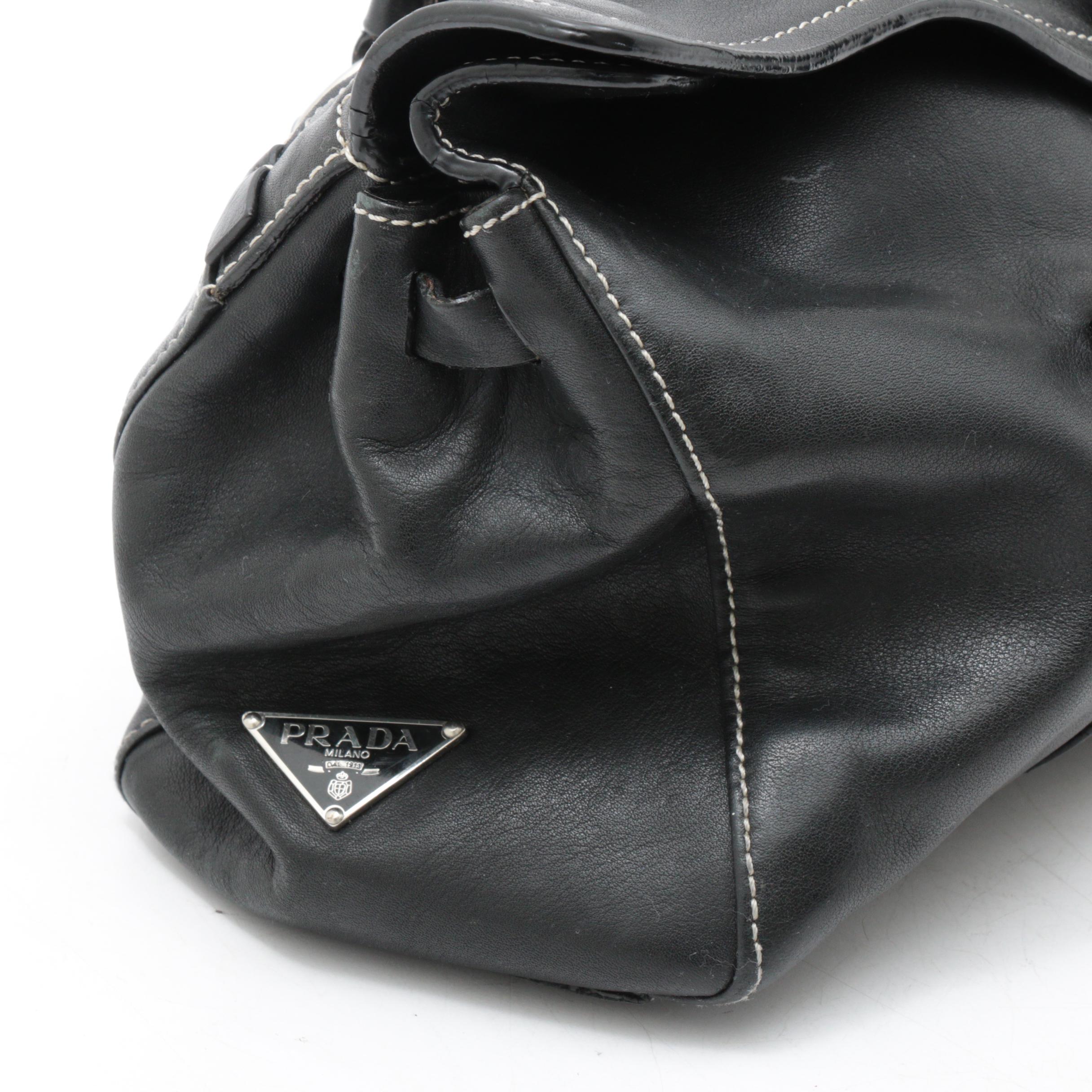 Prada Black Leather Top Handle Satchel with Contrast Stitching