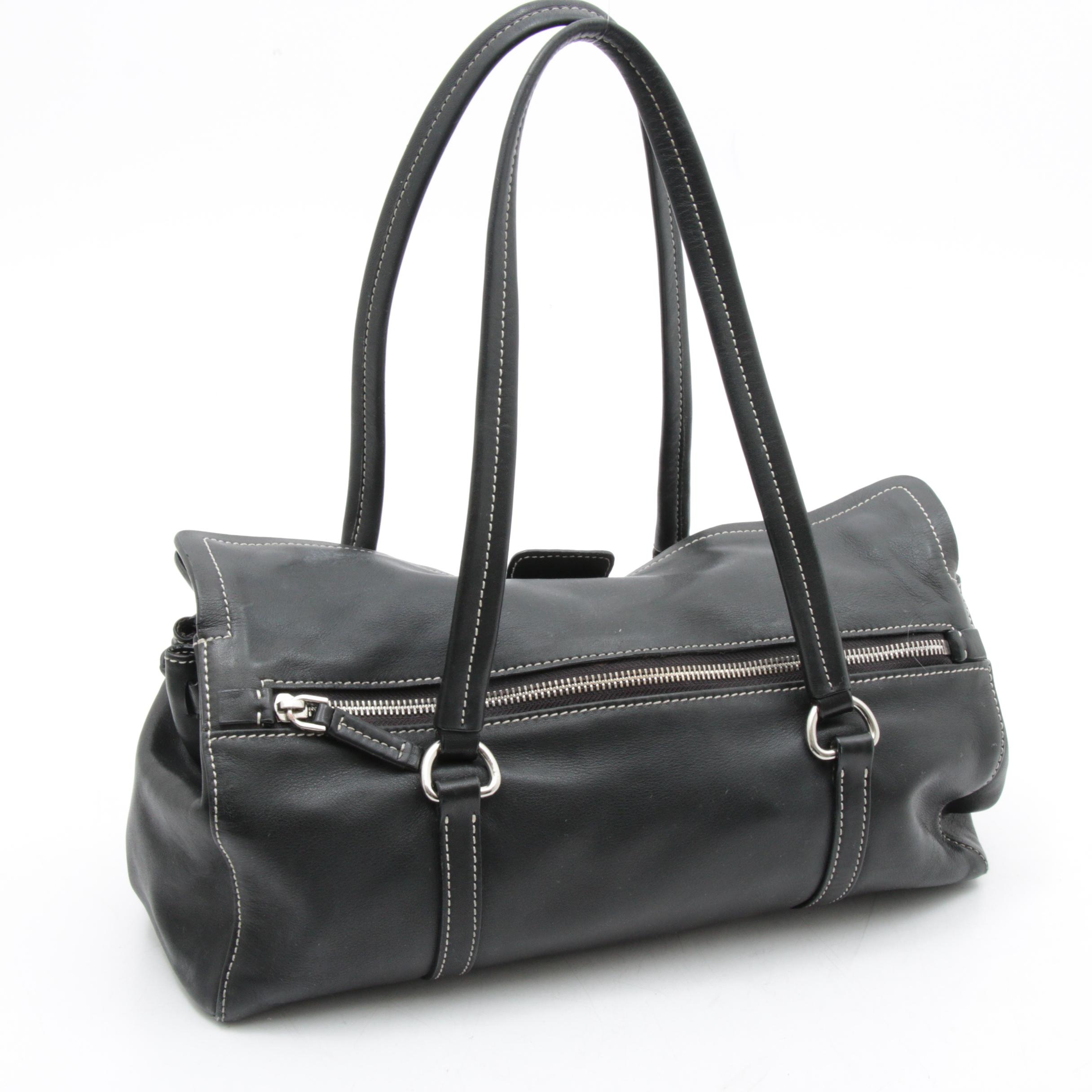 Prada Black Leather Top Handle Satchel with Contrast Stitching