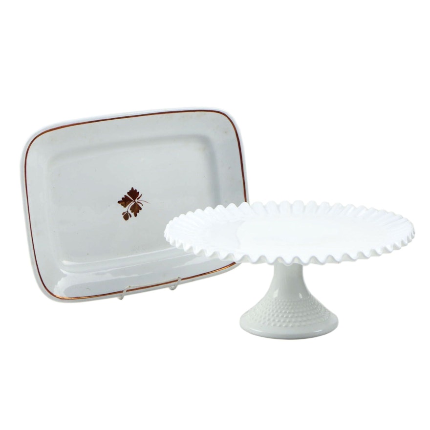 Fenton Hobnail Milk Glass Cake Stand and Alfred Meakin Ironstone Platter