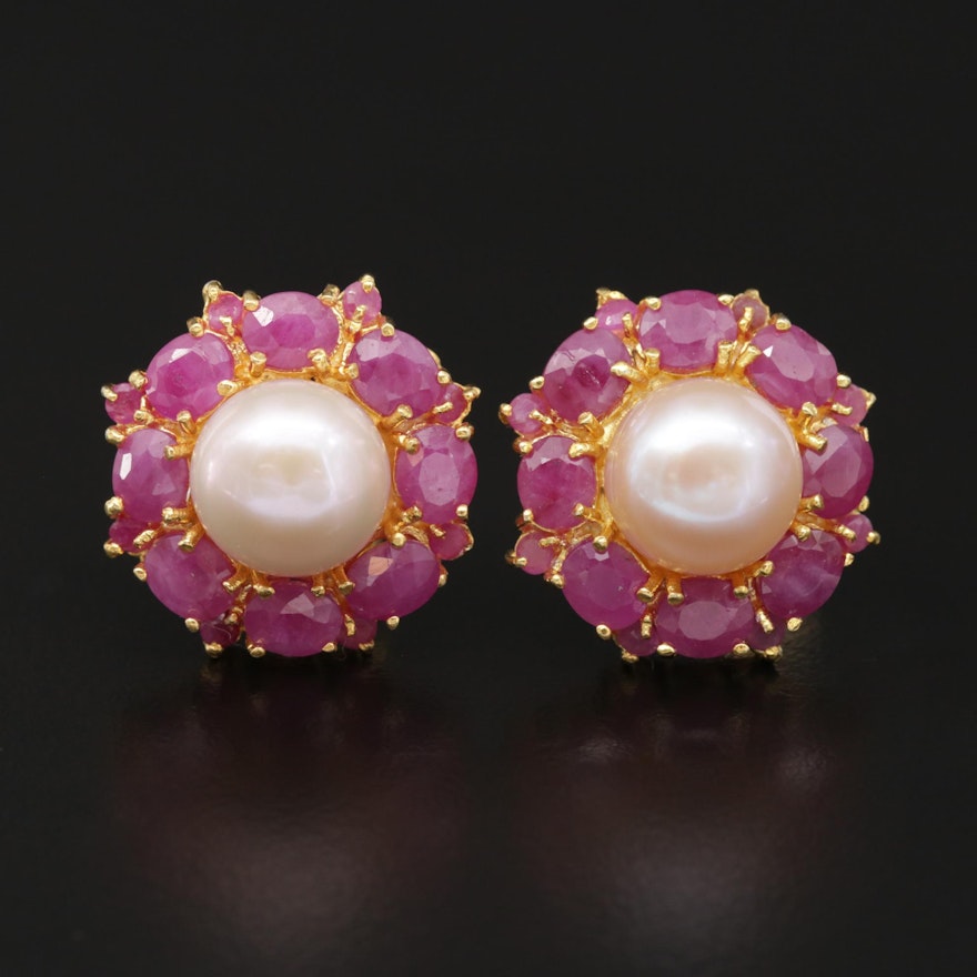 Sterling Silver Ruby and Pearl Drop Earrings
