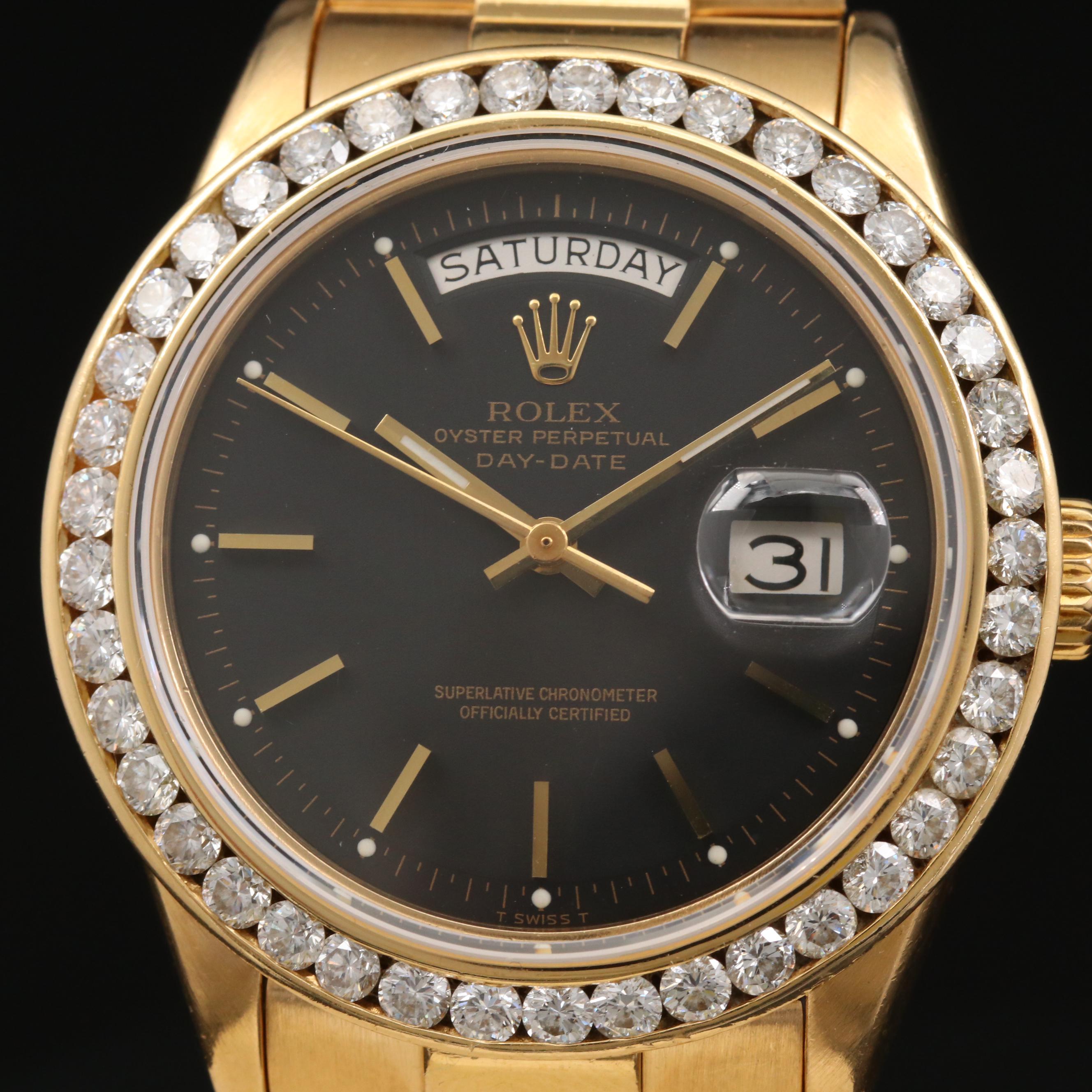Vintage Rolex Day-Date 18K Gold and 2.66 CTW Diamond Bezel Watch, 1974