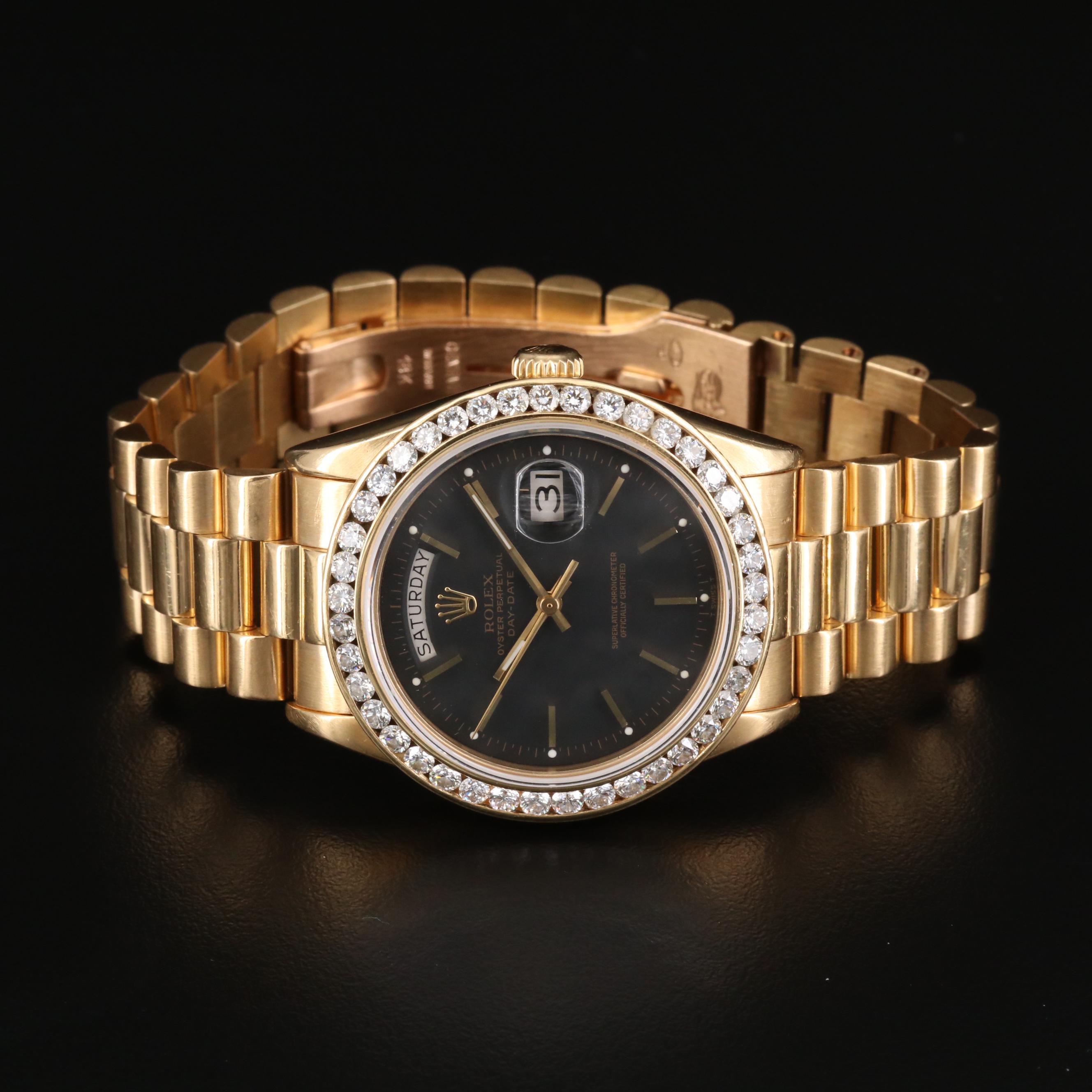 Vintage Rolex Day-Date 18K Gold and 2.66 CTW Diamond Bezel Watch, 1974
