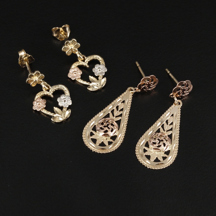 14K Gold Heart and Oval Dangle Earrings