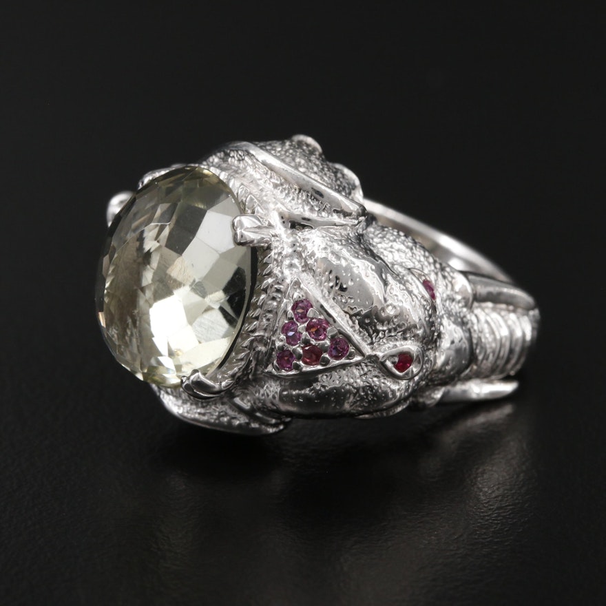 Sterling Silver Prasiolite, Rhodolite Garnet and Ruby Elephant Ring