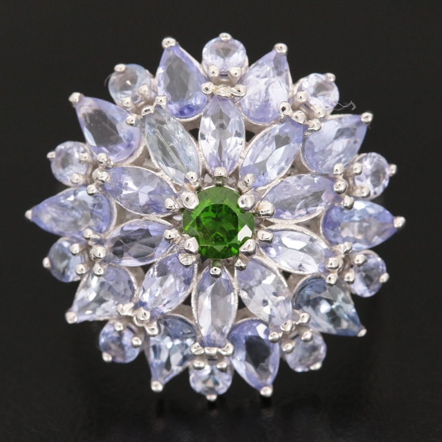 Sterling Silver Diopside and Tanzanite Floral Ring
