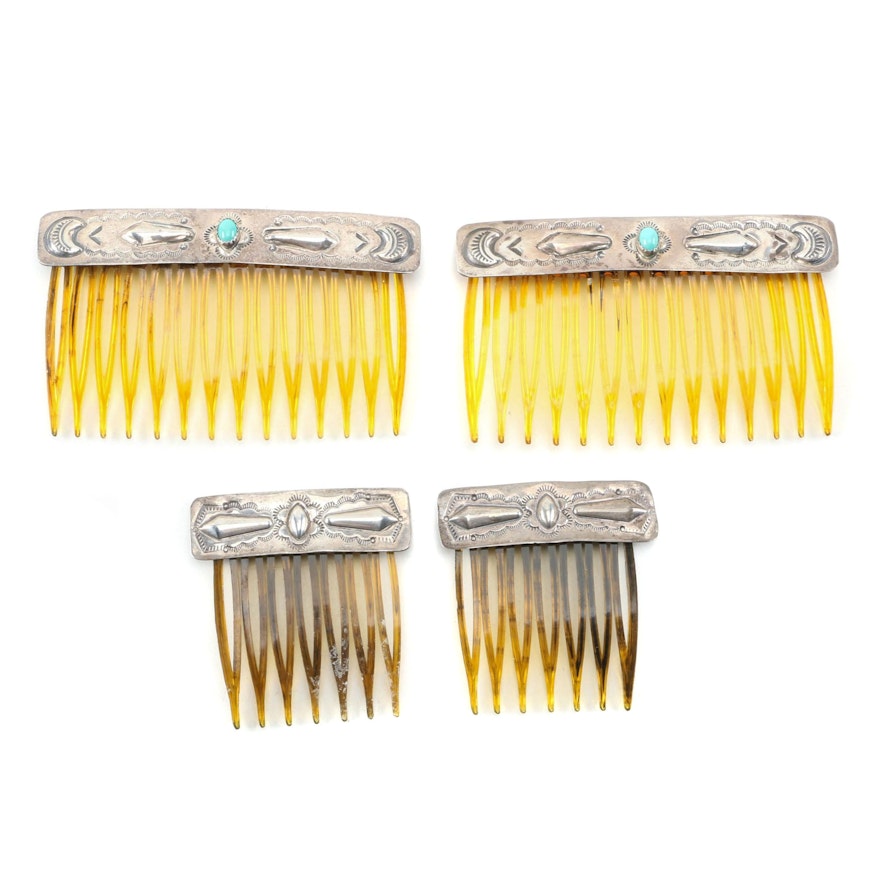 Sterling Silver Engraved Hair Combs with Turquoise, Vintage