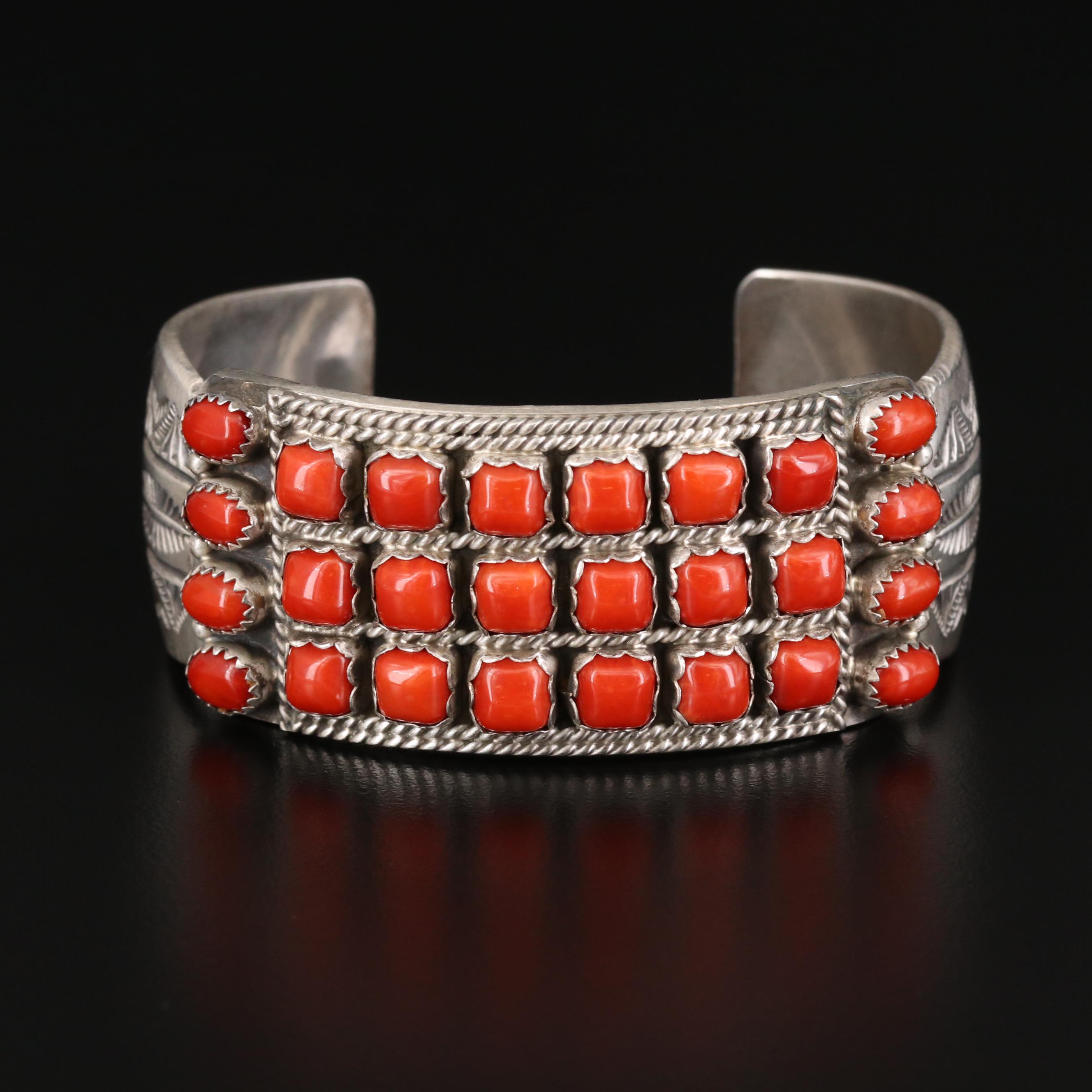L. Begay Navajo Diné Sterling Silver and Coral Cuff Bracelet