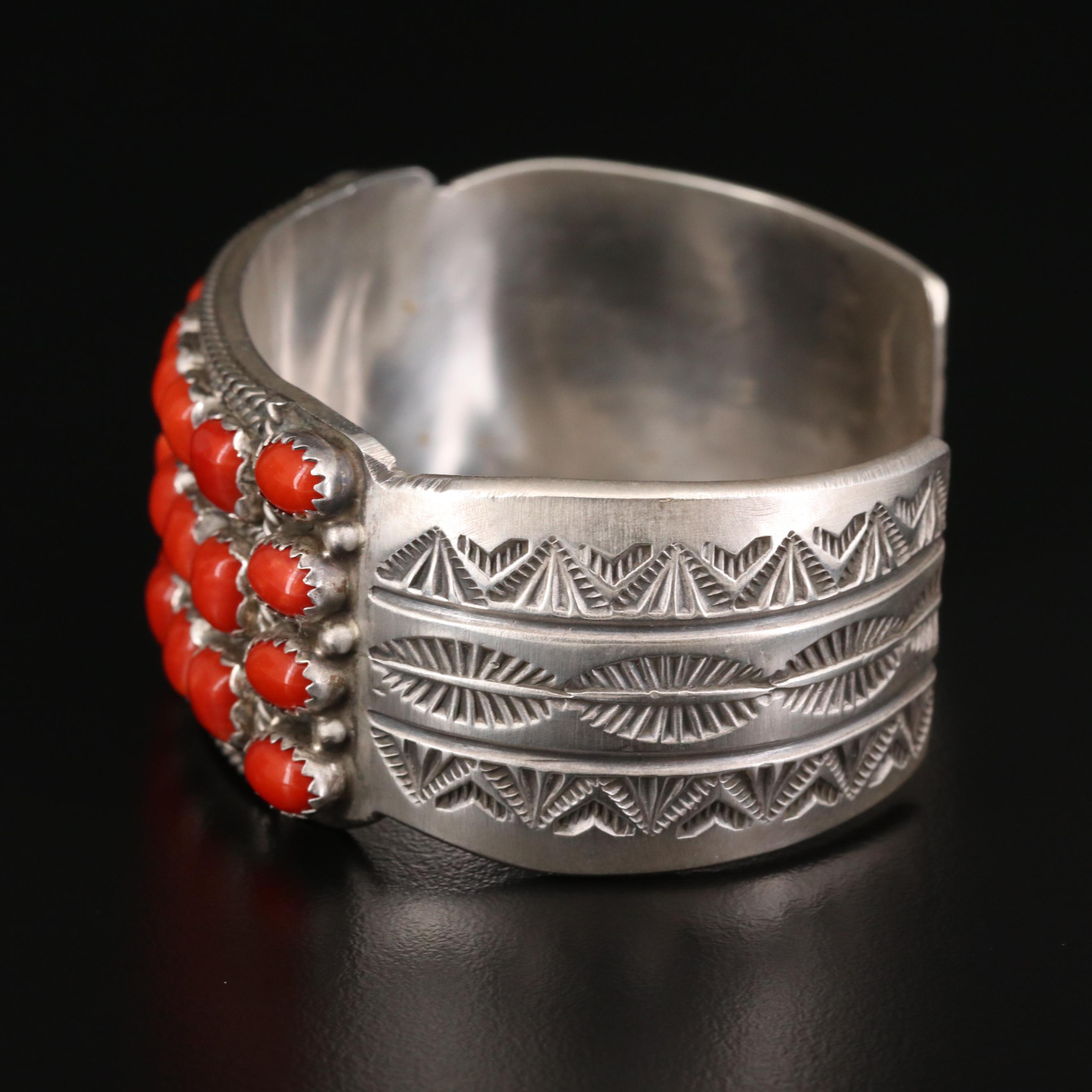 L. Begay Navajo Diné Sterling Silver and Coral Cuff Bracelet
