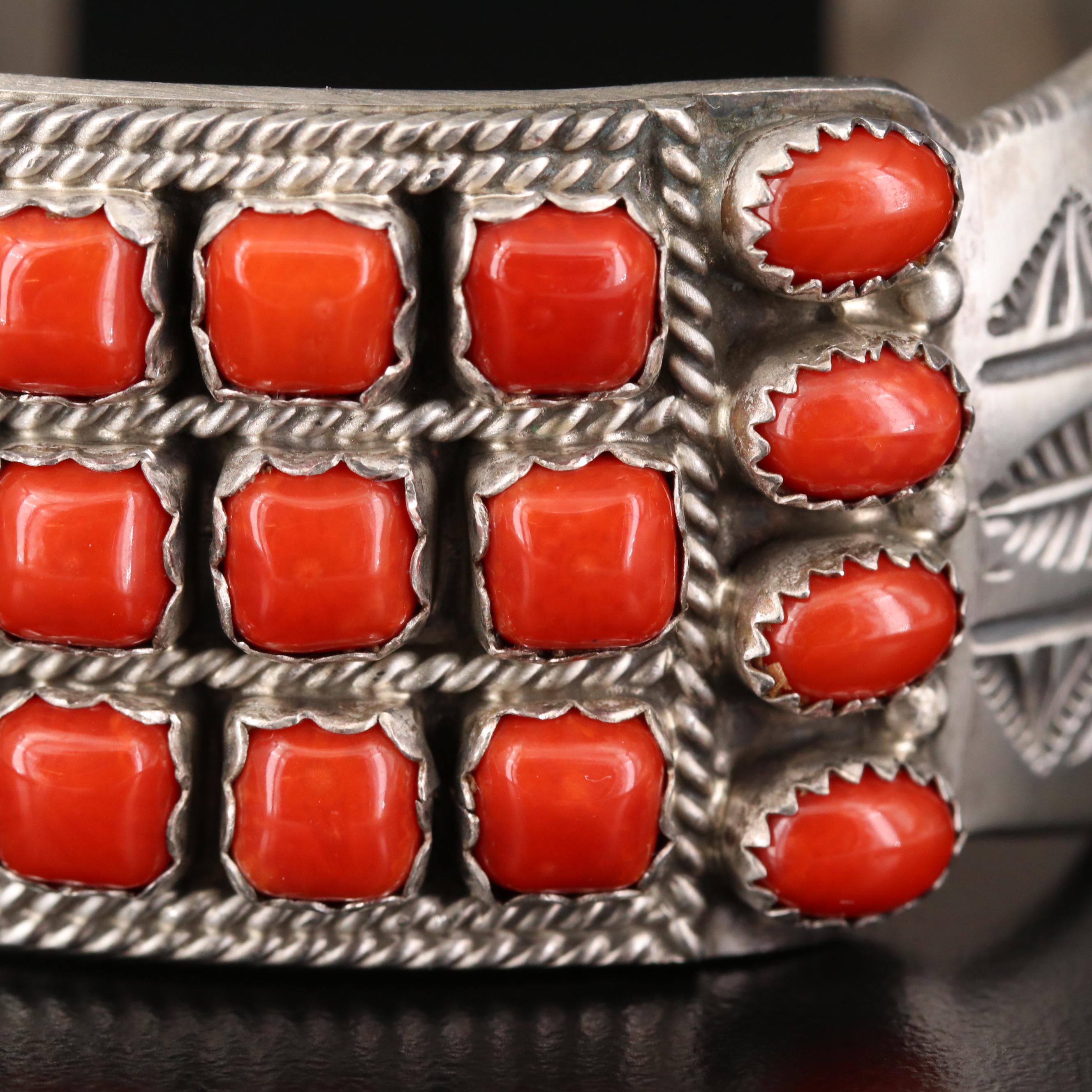 L. Begay Navajo Diné Sterling Silver and Coral Cuff Bracelet