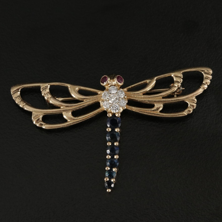 B.A. Ballori and Co. 14K Yellow Gold Sapphire, Ruby and Diamond Dragonfly Brooch