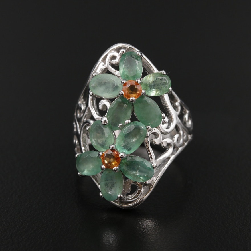 Sterling Silver Emerald and Sapphire Floral Ring