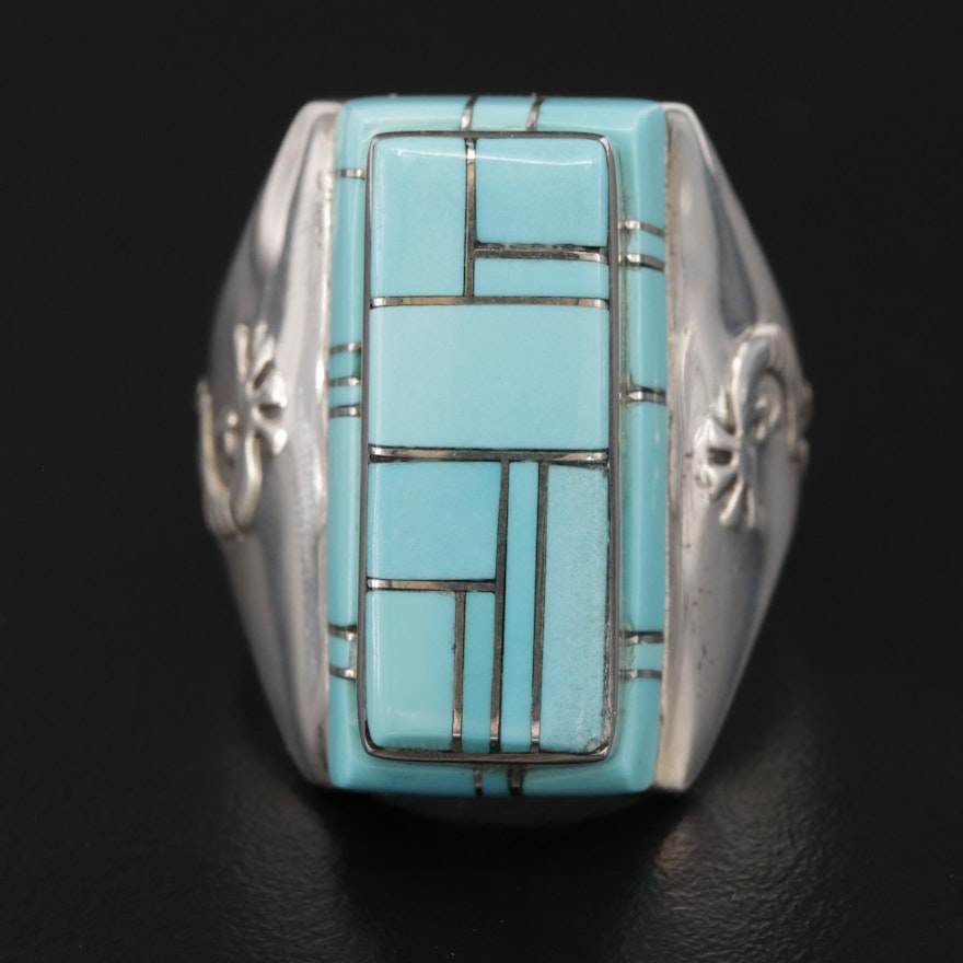 Leonard Jim Navajo Diné Sterling Silver Kokpelli and Inlaid Turquoise Ring