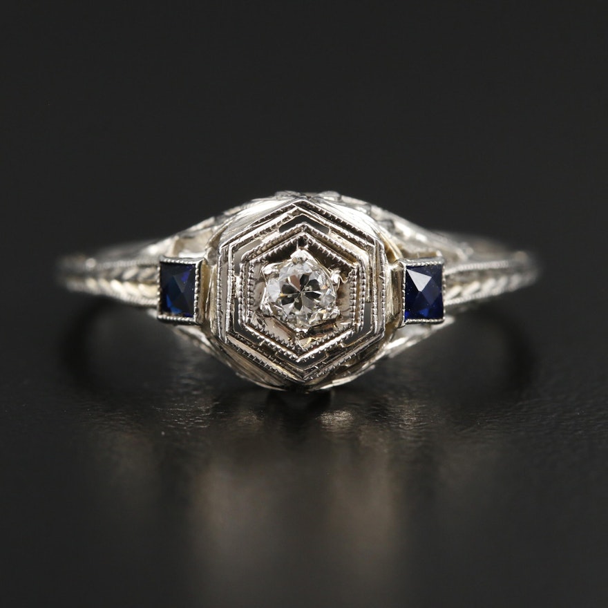 1930s 18K White Gold Diamond and Sapphire Ring