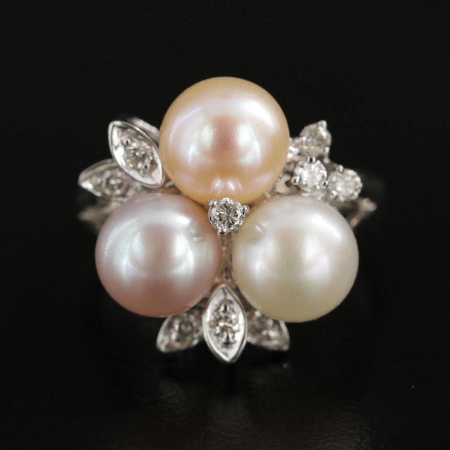 Vintage 14K White Gold Pearl and Diamond Ring