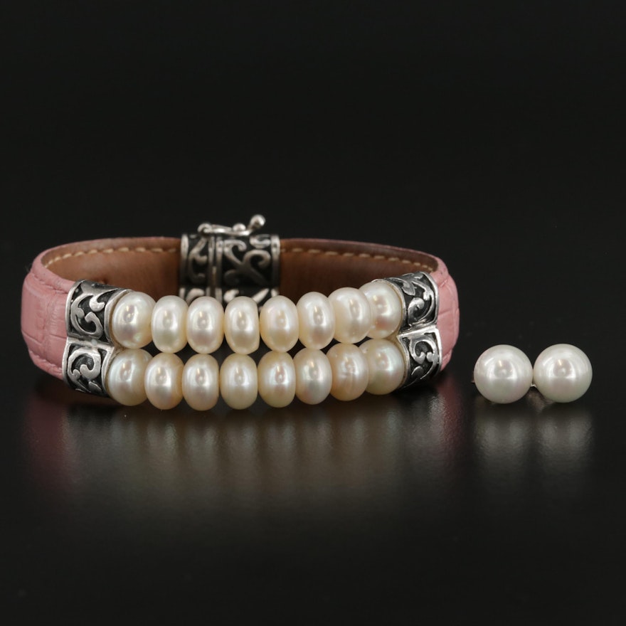 Sterling Silver Cultured Pearl Bracelet and Stud Earrings Set