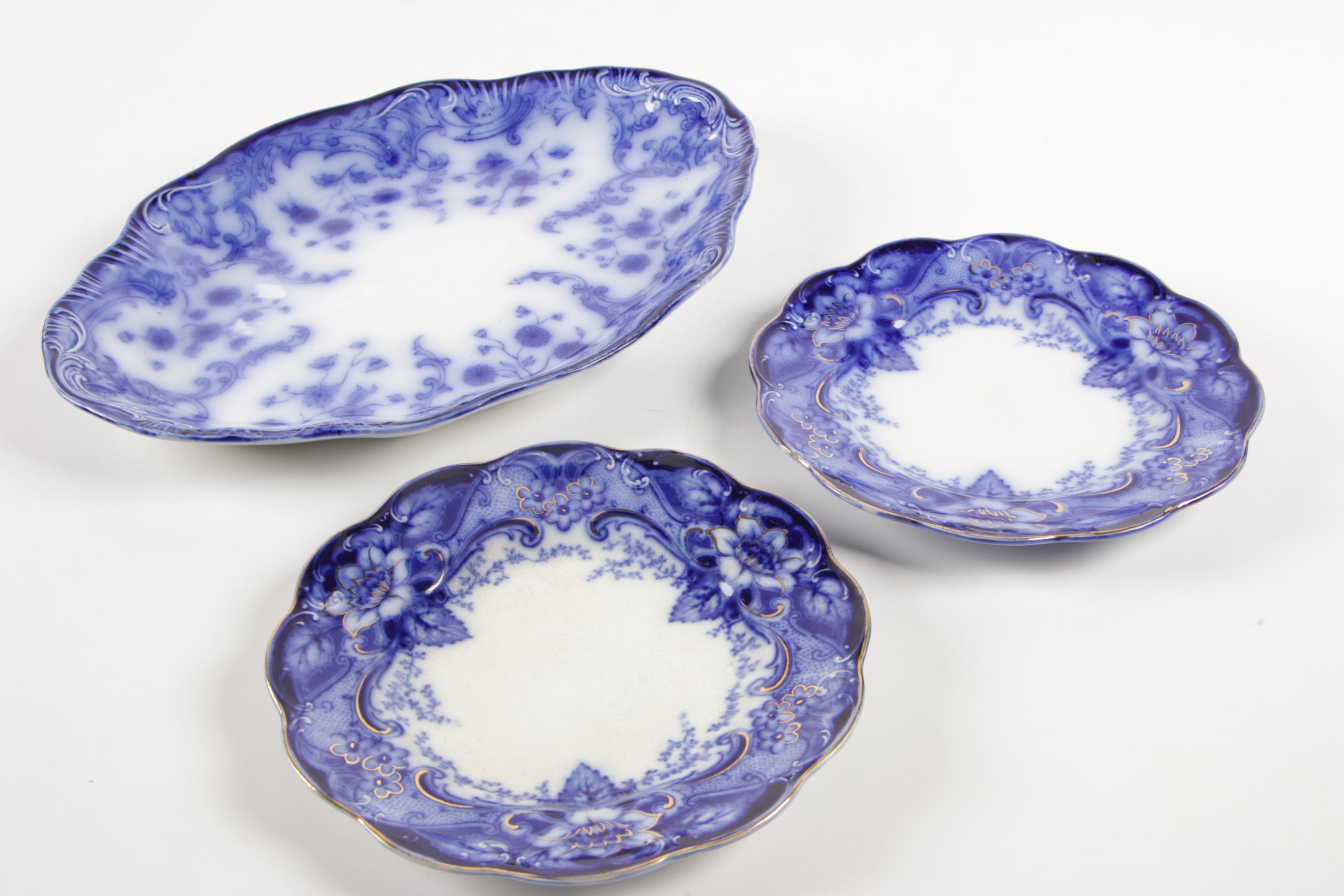 W. H. Grindley "Marie" Flow Blue Platter with Johnson Bros "Argyle" Plates