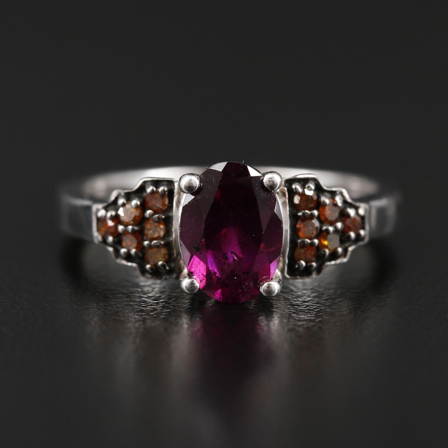 Sterling Silver Rhodolite Garnet and Diamond Ring