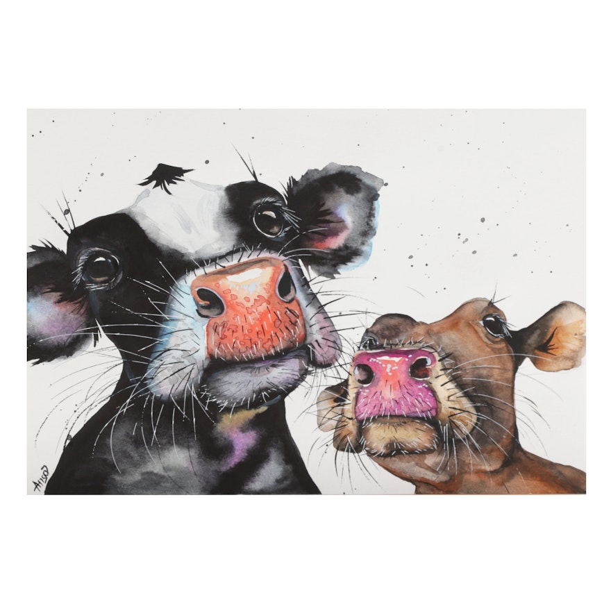 Anne Gorywine Watercolor Painting of Cows
