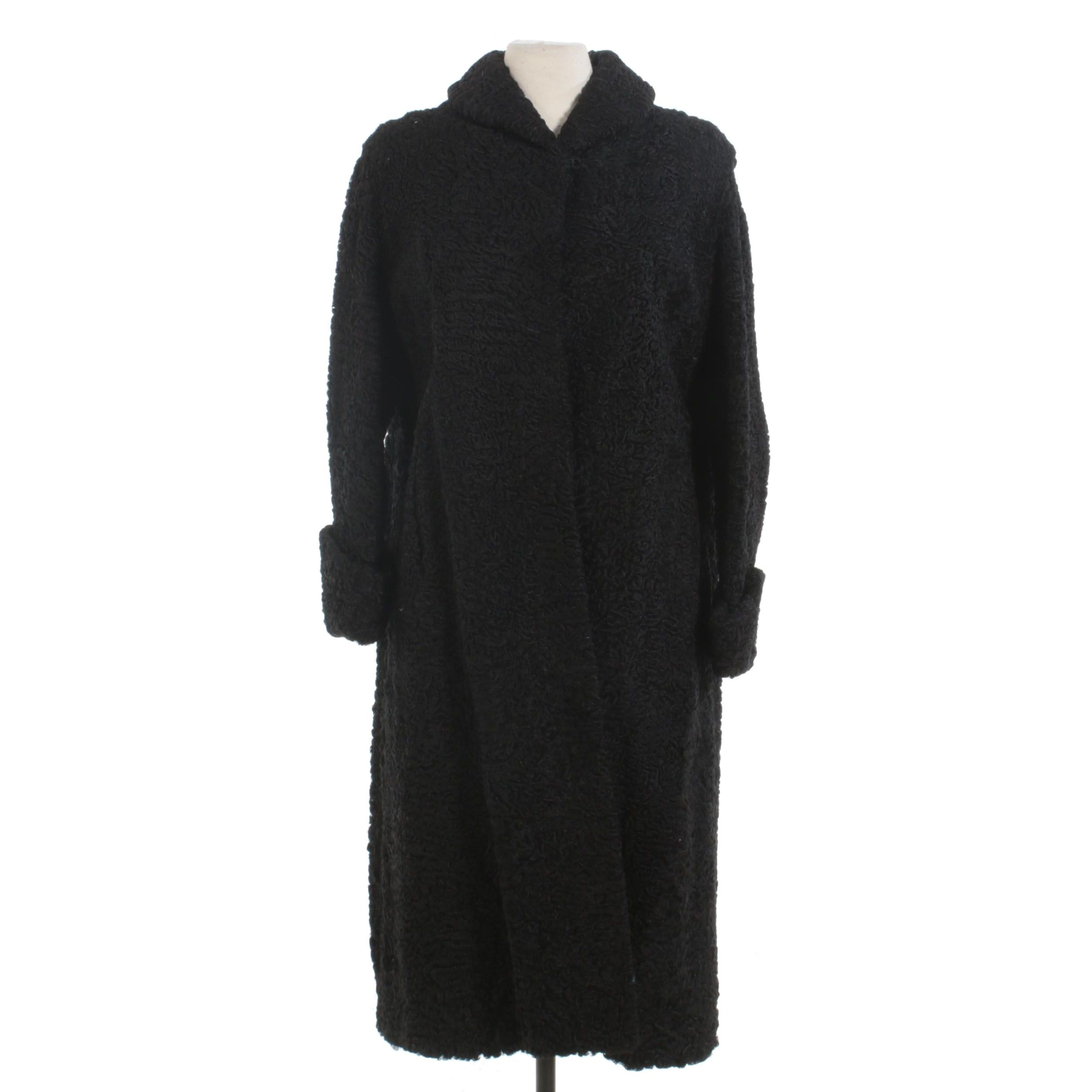 Black Persian Lamb Fur Coat with Turn Back Cuffs, Vintage
